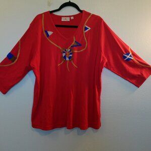 Quacker Factory Womens Sweater Red Nautical Beaded Boat 4th of July Size 1X (A)